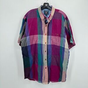 Vtg Chaps Ralph Lauren Shirt Linen Blend XL Purple Plaid Button Up Short Sleeve‎